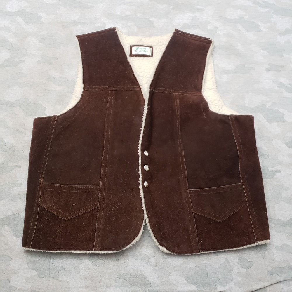 Vintage Genuine Leather Vest Mens Large Brown Suede Western Cowboy Sherpa Lined